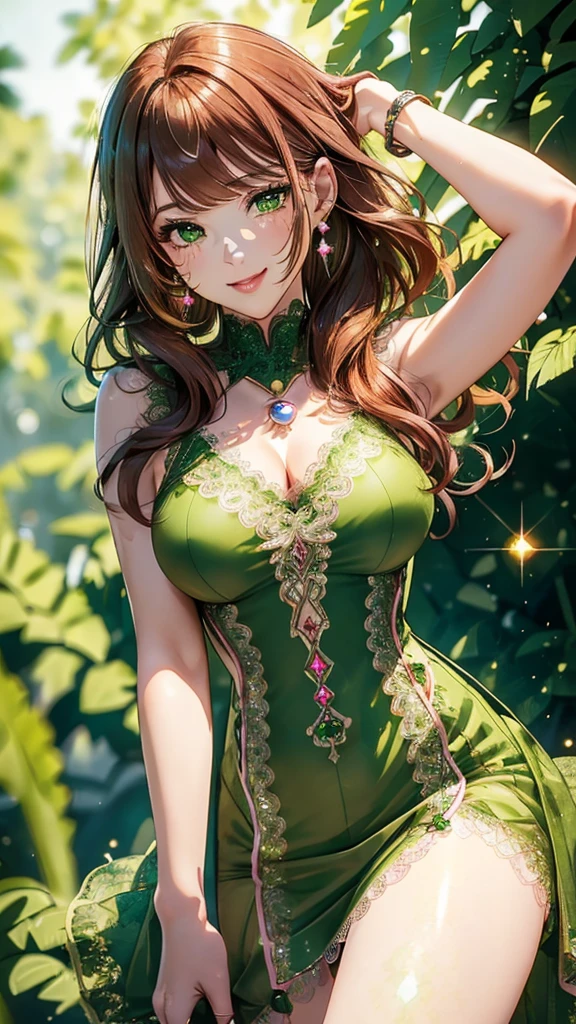 Female character, Brown hair, green eyes, very Super big big breasts, farmer's clothing tight, marked nipples, sad look, sad smile, hands together, her breasts fall from her hands, 37 year old woman, milf, belly chubby, Farmer's clothes, commoner's clothes, poor woman clothes 