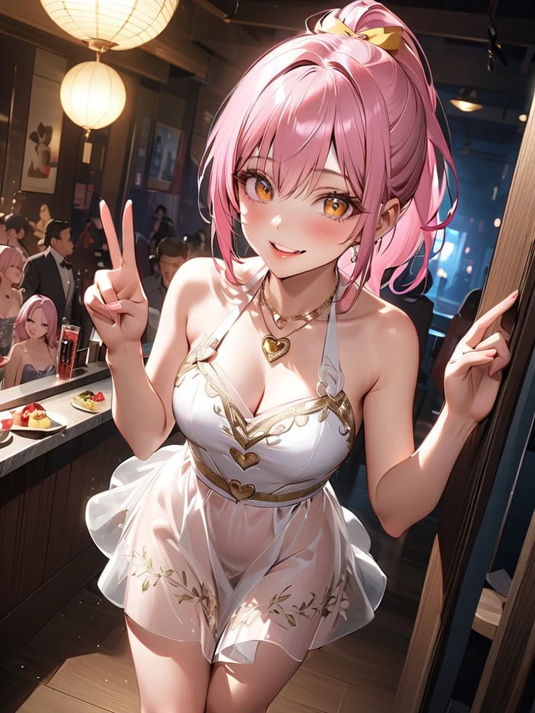 (top-quality: 1.3)、(masterpiece: 1.3)、(The ultra-detailliert: 1.3)、(wall-paper, one girls)、bunnygirl、(pink bikinis:1.3)、(Brown pantyhose:1.3)、Pink bow tie、(Pink hair:1.3)、Bunny Girl White Headband、Medium Hair、short-hair、poneyTail、(Beautiful Large Breasts:1.3)、Luxurious living room、A big smile、sexypose、is standing、a bar counter、Sit on a small round chair in front of the counter、Blushing、Drinking alcohol、Drunk、dizzying.