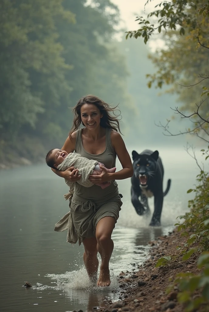 score_9, score_8_up, score_7_up, score_6_up, score_5_up, score_4_up, Realistic Style, (woman and shota), Lara Croft, Tomb Raider, black tank top, cleavage, posing in the jungle, looking at viewer, sunlight shining through hair, (wet), raining, hug, woman and shota hug,