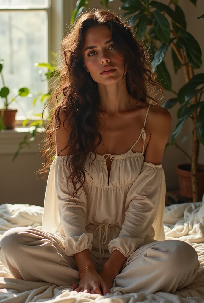 (photorealism:1.2), beautiful woman, sitting on bed, wearing loose off-shoulder top, pajama pants, long curly hair, indoors, soft lighting, plants in background, window with sunlight, cozy room, relaxed pose, realistic, intricate details, warm colors, by Greg Rutkowski, by Alphonse Mucha