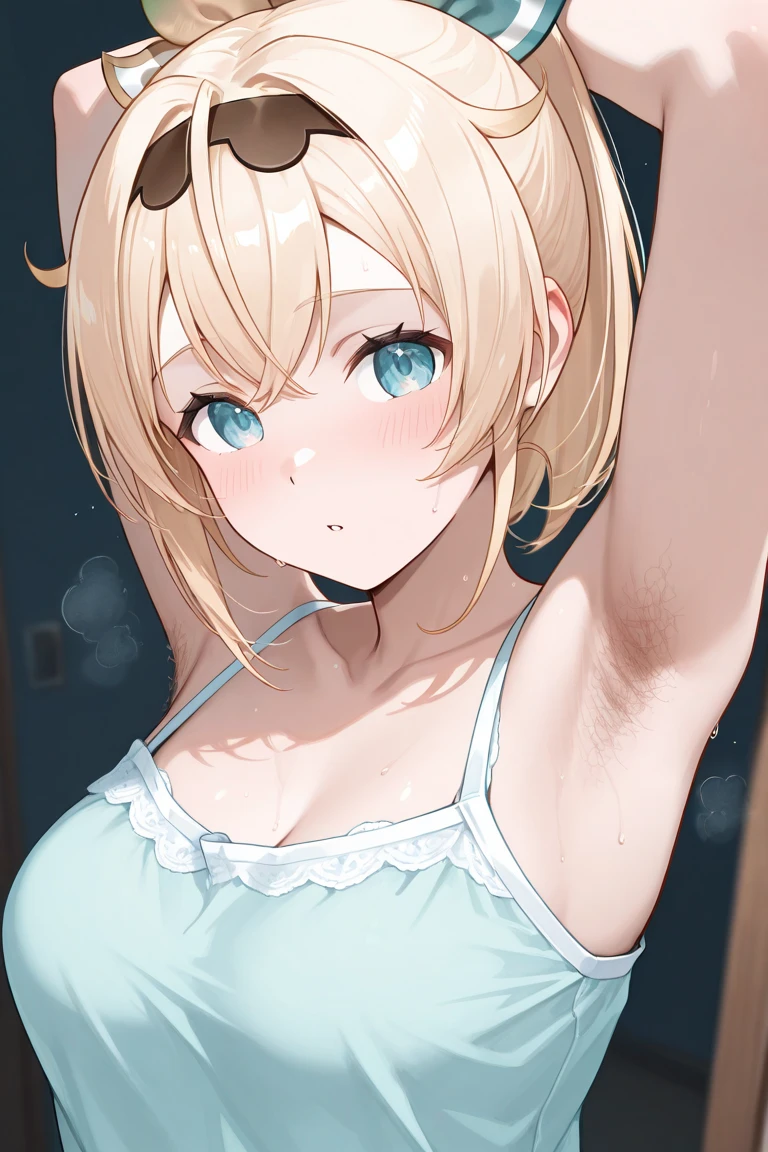 best quality,masterpiece,shiny blonde,blue eyes,white clothes, look down on, upper body,hair strand,Fair skin,short bob,bra,wet