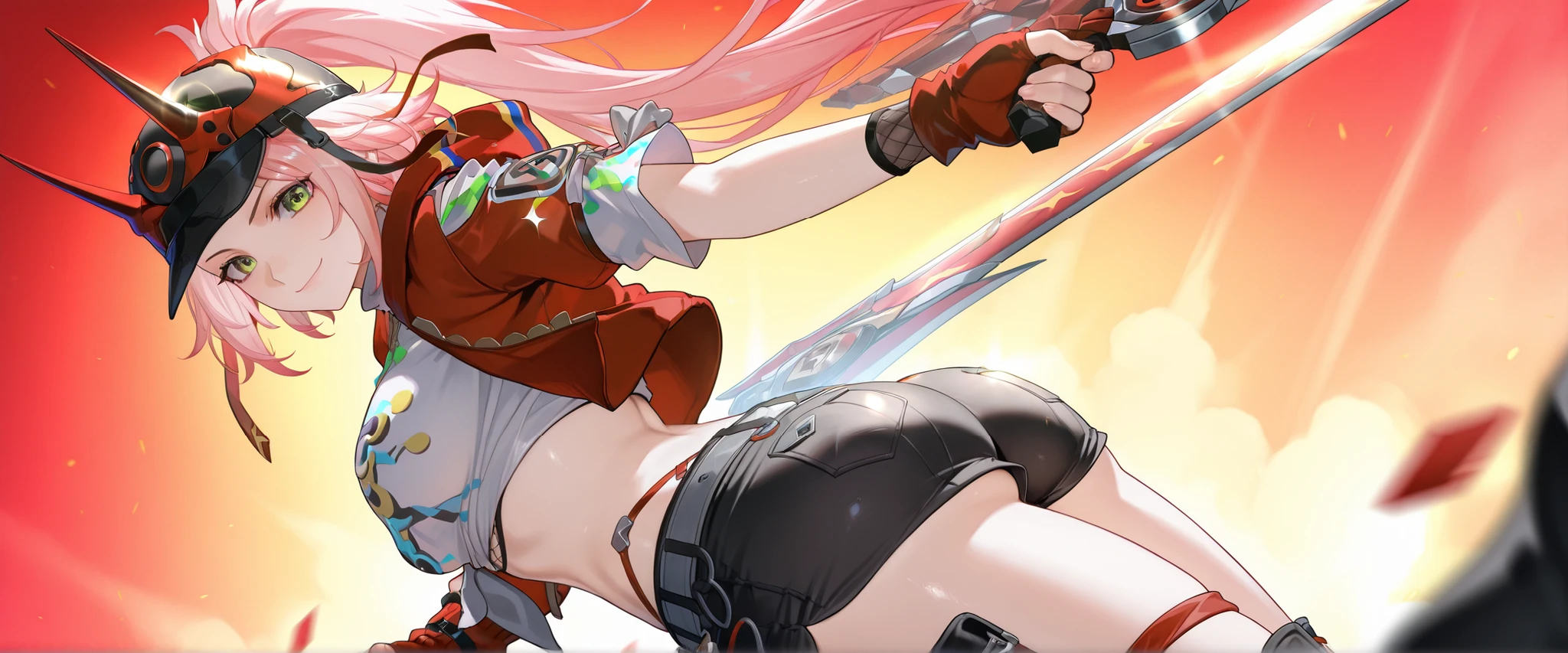 1girl
solo
long hair
looking at viewer
smile
gloves
hat
holding
closed mouth
green eyes
jacket
yellow eyes
ponytail
weapon
pink hair
ass
short sleeves
shorts
black gloves
midriff
belt
looking back
sword
hood
fingerless gloves
holding weapon
crop top
short shorts
black shorts
bandaid
baseball cap
rappa (honkai: star rail), alone, long hair, pink hair, ponytai. Black cap, red cyber horns, ninja girl, Chest, bangs, large Chest, belly button, cleevidge,