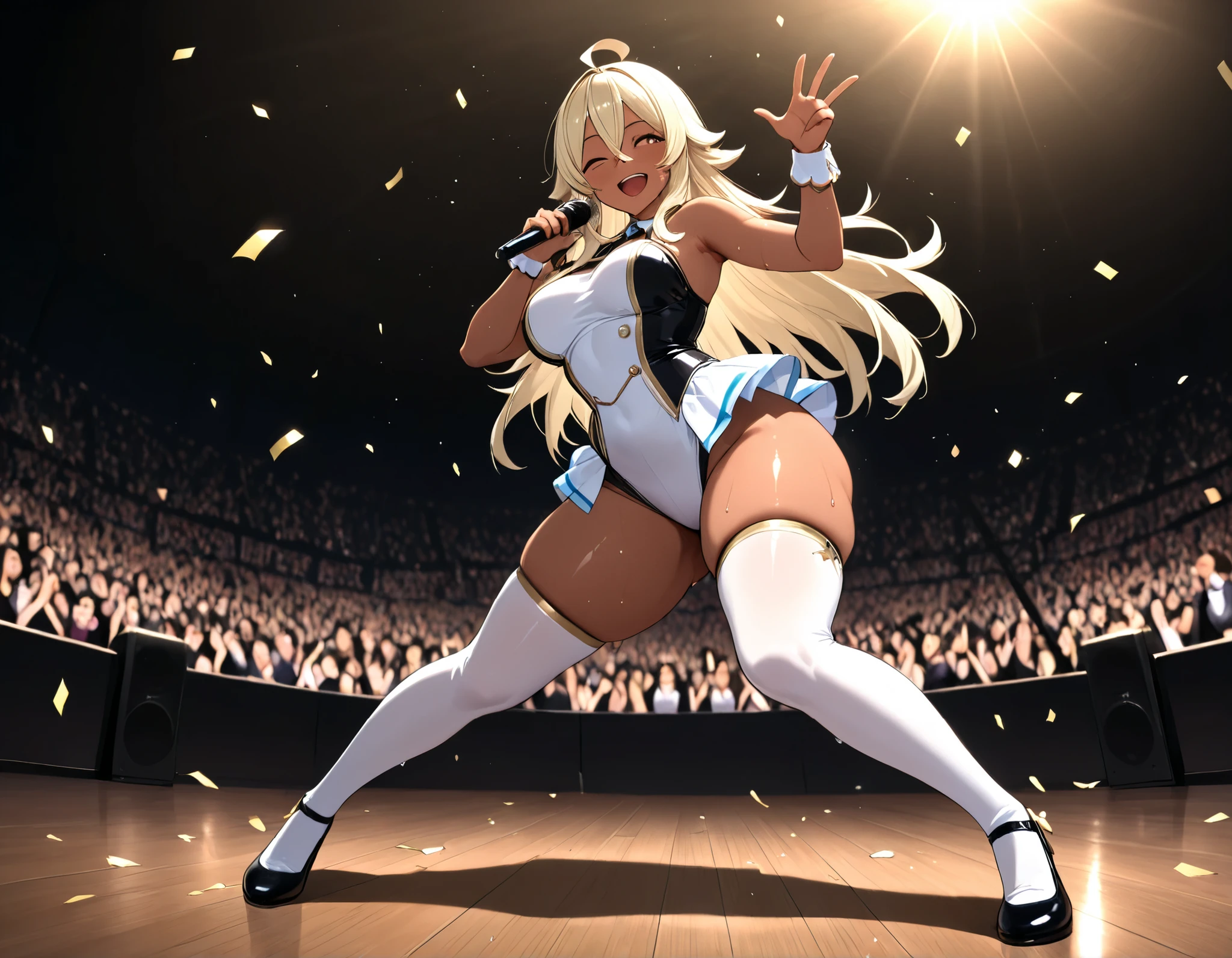 Takeda, masterpiece, detailed, extremely detailed face, perfect lighting, perfect anatomy, perfect body, perfect hands, perfect fingers, detailed face, detailed eyes, score_9, score_8_ up, score_7_ up, anatomically correct, {1girl}: (mature female, curvy, medium breasts, voluptuous, thick thighs, wide hips, dark-skinned female, dark skin,(light blonde hair:1.2), spiky hair, long hair, ahoge, double-parted bangs, bangs between eyes, long hair, flipped hair, brown eyes), BREAK, full body, idol outfit, smiling, open mouth, upper teeth only, holding, holding a microphone, singing, music, music sounds, dancing, wink, winkin, v pose, sweat, concert, crowd, crowd looking at her, cheering, confetti, idol pose,