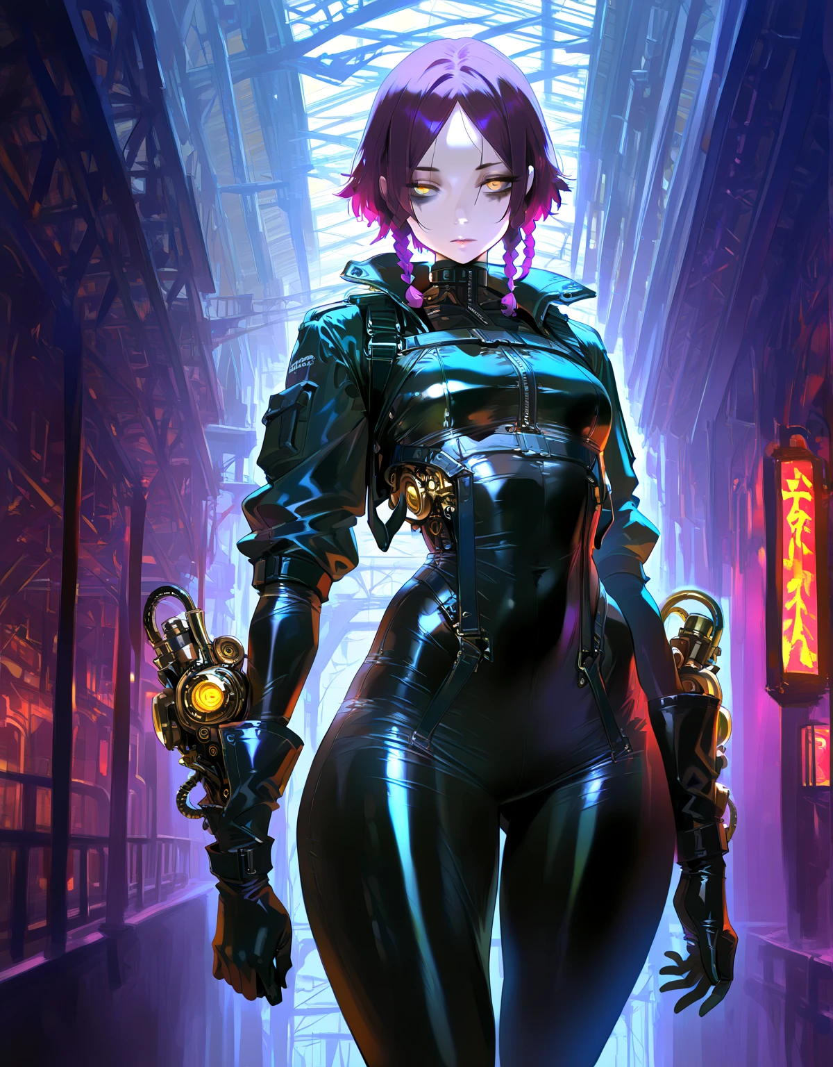 ((Best quality)), ((masterpiece)), (detailed: 1.4), (Absurd), (((full body)), (((woman))), 25-year-old woman, Beautiful thin woman, giant robot pilot, wild with perfect fit body, perfect face, perfect eyes, wearing little clothing, tiny thong, clothing with Japanese graphic patterns, halftone pattern and vertical stripes, yellow gold, coming out of the body of a giant robot, thigh gap