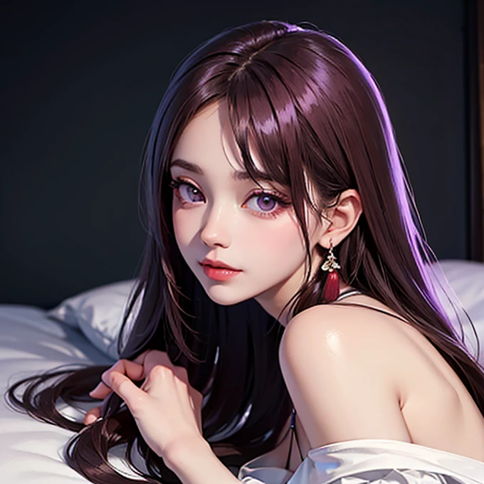 Nezuko Komado, realistic depiction, elegant appearance, pale and shiny skin, black hair, ((pink eyes)), full lips with lip gloss, subtle eyeliner and mascara, light blue eyeshadow, pink and light blue monochromatic color scheme, soft lighting, Cleavage, huge tits, lingerie, lying down