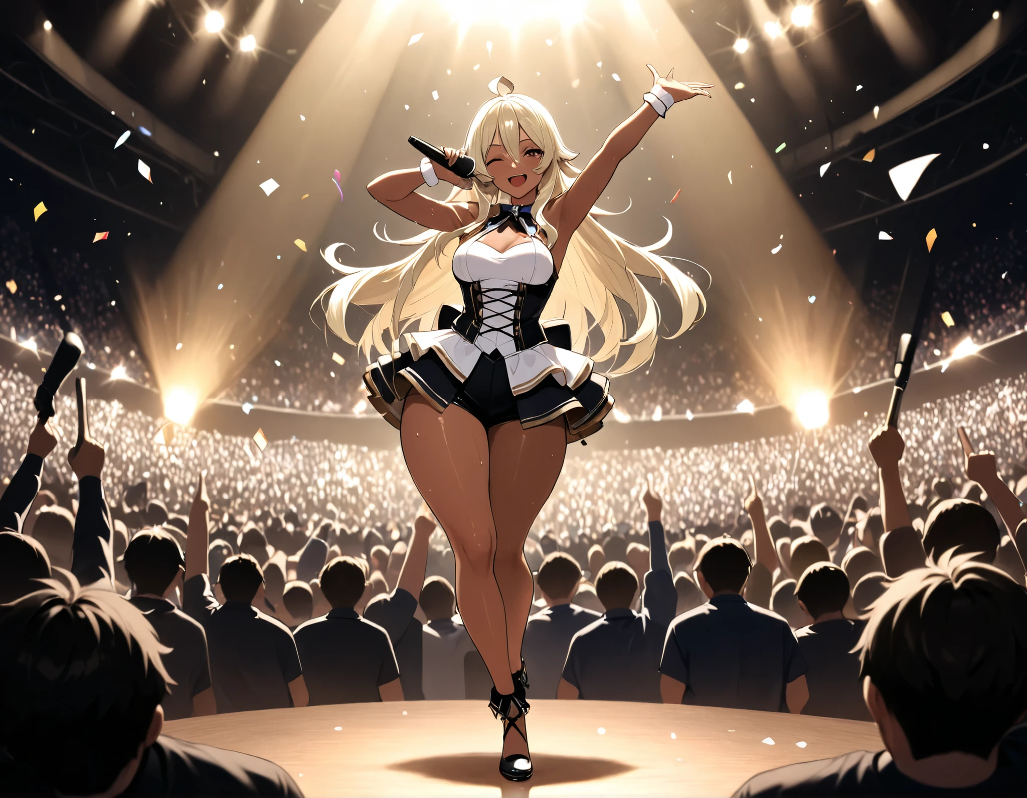 Takeda, masterpiece, detailed, extremely detailed face, perfect lighting, perfect anatomy, perfect body, perfect hands, perfect fingers, detailed face, detailed eyes, score_9, score_8_ up, score_7_ up, anatomically correct, {1girl}: (mature female, curvy, medium breasts, voluptuous, thick thighs, wide hips, dark-skinned female, dark skin,(light blonde hair:1.2), spiky hair, long hair, ahoge, double-parted bangs, bangs between eyes, long hair, flipped hair, brown eyes), BREAK, full body, idol outfit, smiling, open mouth, upper teeth only, holding, holding a microphone, singing, music, music sounds, dancing, wink, winkin, v pose, sweat, concert, crowd, crowd looking at her, cheering, confetti, idol pose,
