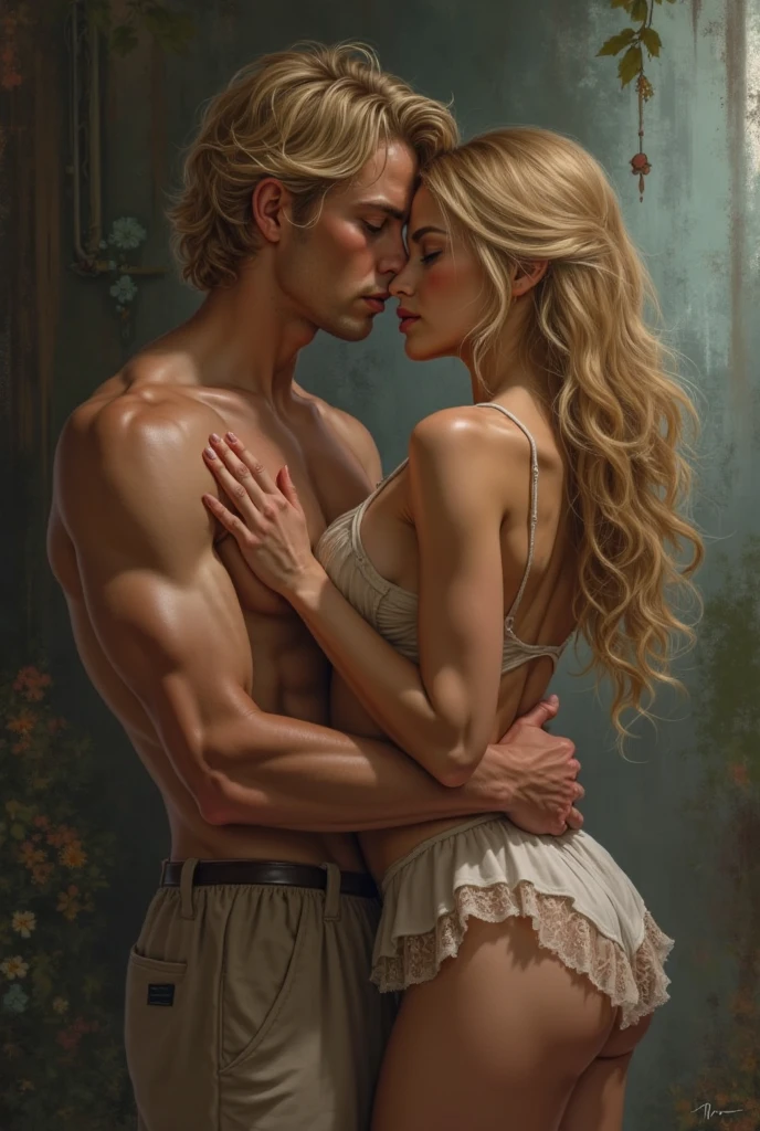 A girl with beautiful long blond hair was captured by a guy with black hair. There is fear and sadness on her face.. The guy is trying to put a rope on her. Trzyma ją za brzuch od tyłu.