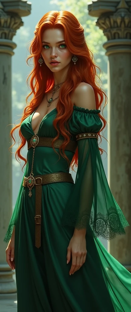young woman, long hair, red hair, green eyes, perfect body, perfect hands, collar, dress (long, noble, medieval), sexy pose, digital art, full body