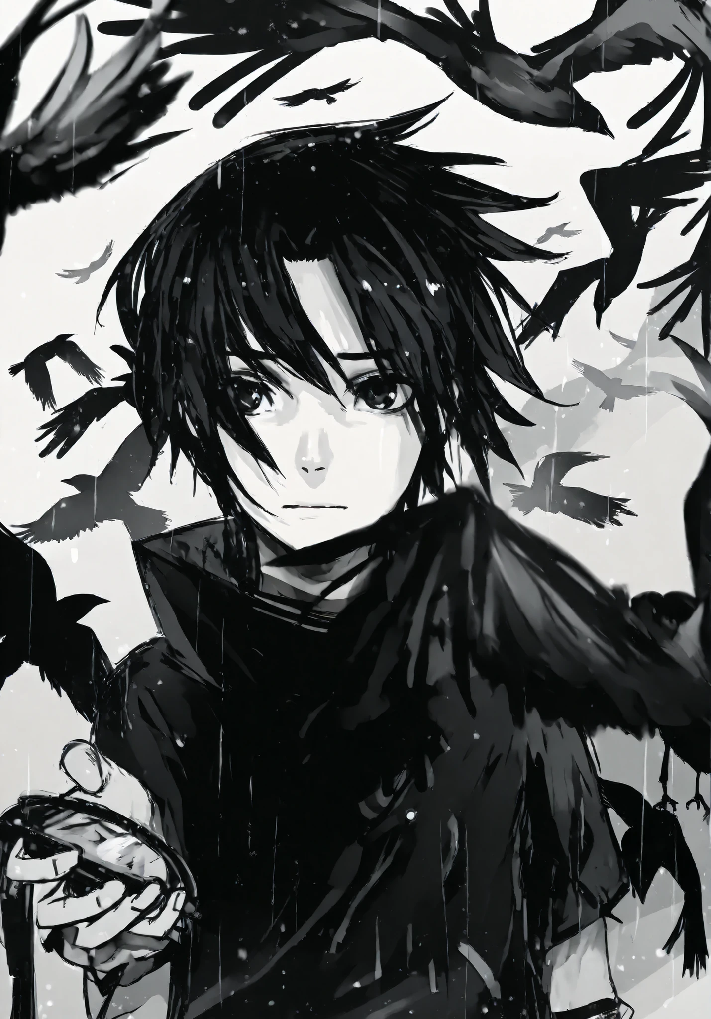 Anime Boy with black hair and black cape holding a crow, inspired by Yamagata Hiro, Anime Boy, epic anime style, male anime style, inspired by Okumura Masanobu, kirito, Eren Yeager, Sasuke Uchiha, okata kazuto, young anime man, illustration by Shigenori Soejima , male anime character t-shirt