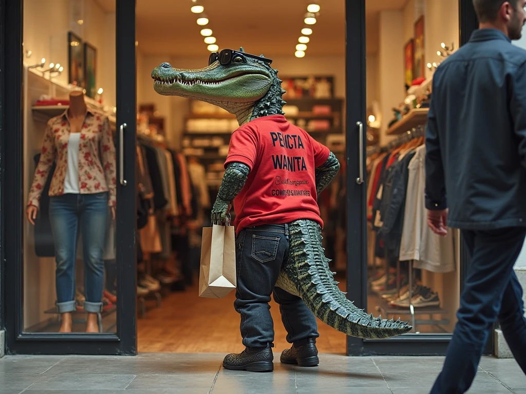 a crocodile walking through the market and wearing jacket and shaking hands with people