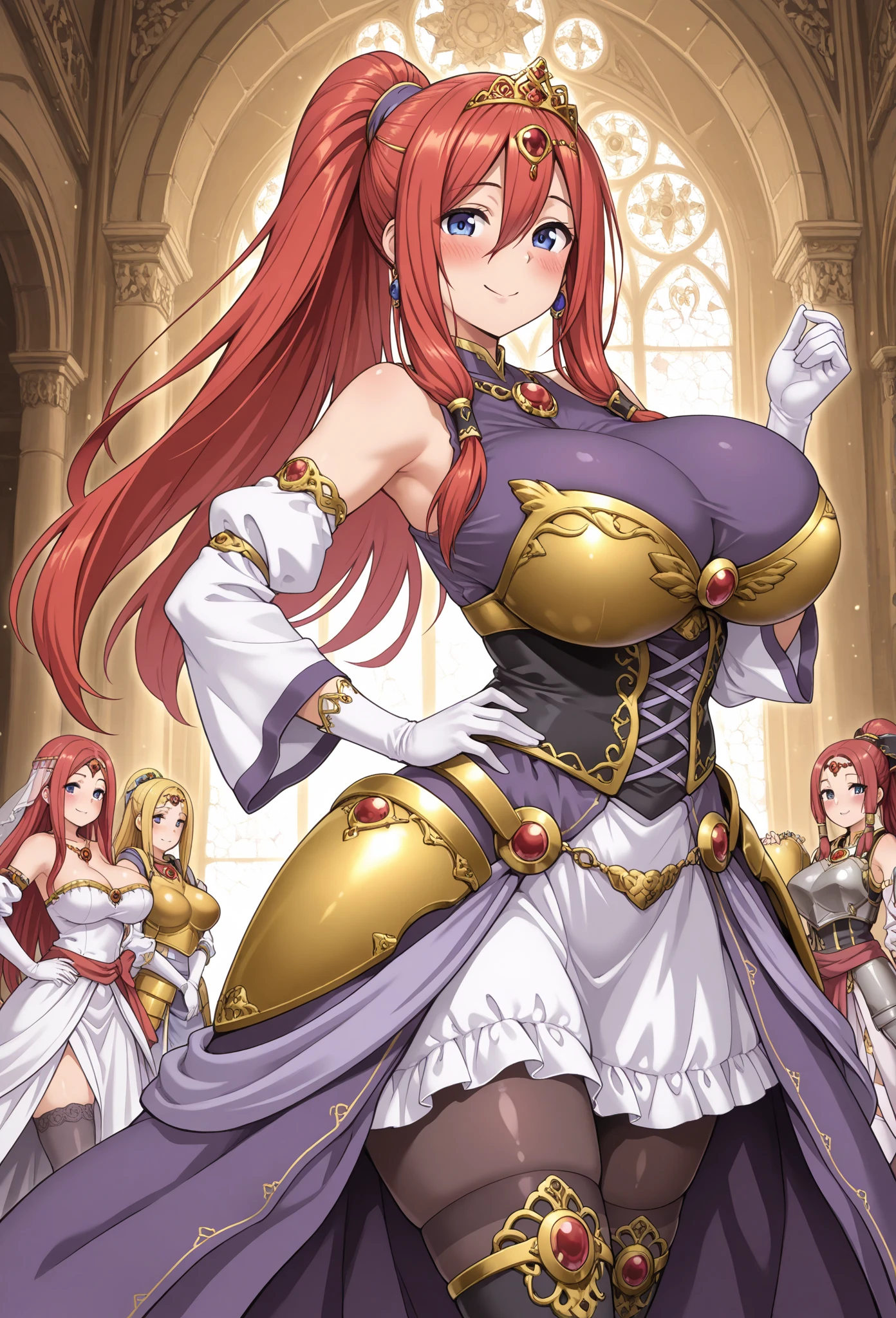 Sexy,plump figure,Glamorous,long golden hair,lipstick,Face red,Huge Breasts,cleavage,Sweat,Sunlight,Female warriors,battlefield,Green lace chest armor,White skirt,stockings,High heel,Arm armor,Holding sword in left hand,Holding a buckler in the right hand,Smile,Half-length photo,Close-up photo