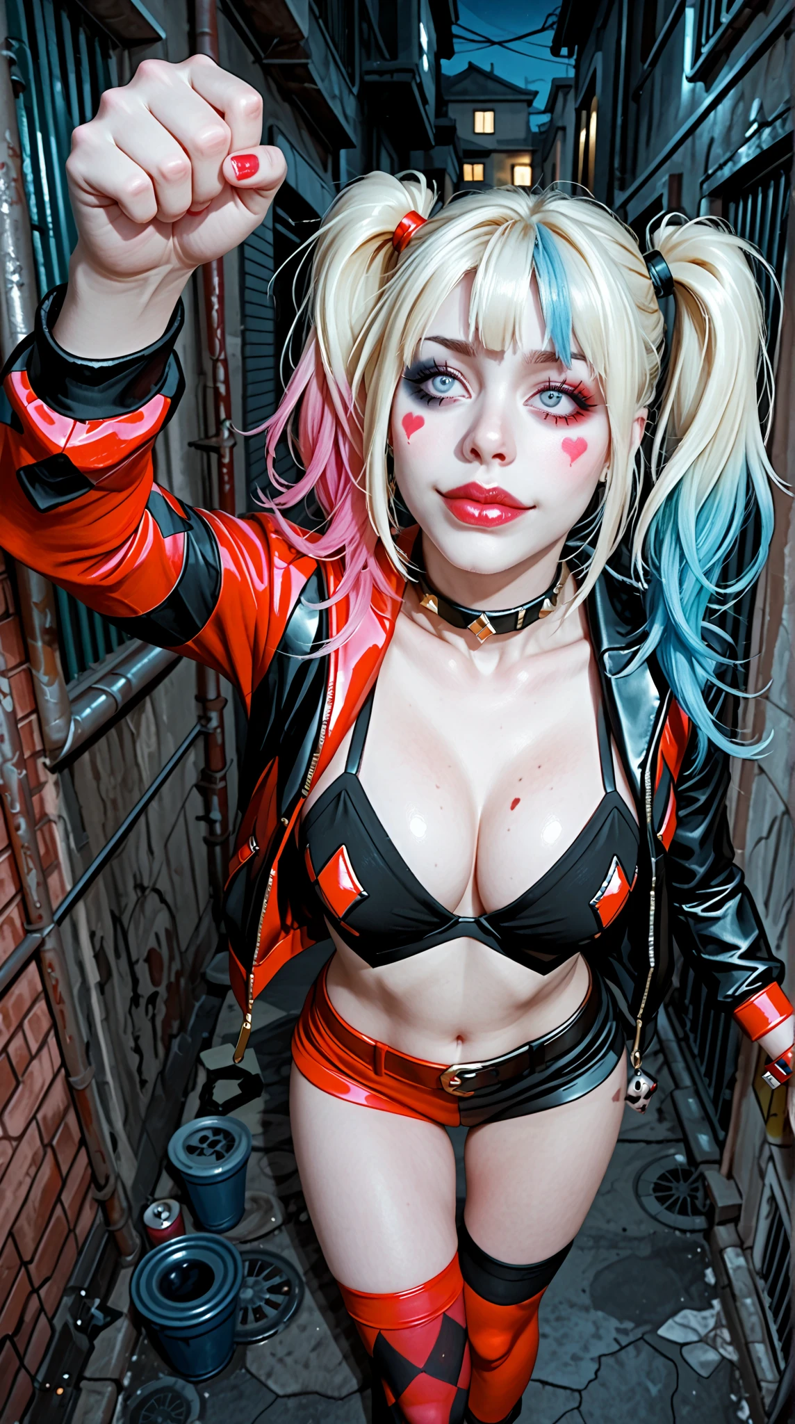 A hyper-realistic, highly detailed, and high-resolution 16k, Harley quinn, chained to a bed, her clothes is ripped, her fit body is wet, she is in distress giving a blowjob, she's covered in semen