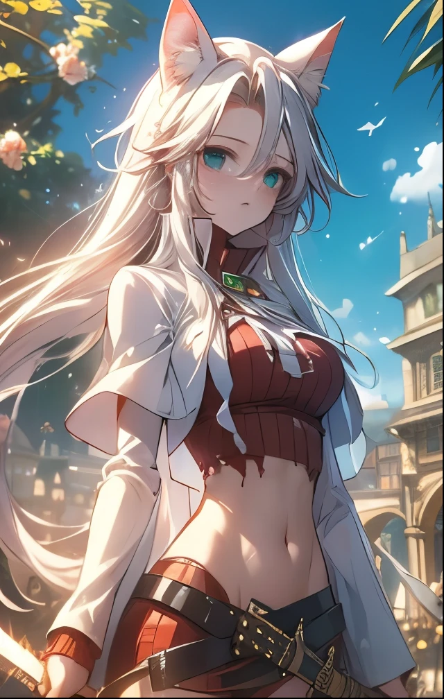 (((SFW、Highest quality、 first class masterpiece 、normal body 、32k、detailed face、super precise、normal hand、5 fingers、Highest)))、Atti(summon night)、Aty(summon night)、Beautiful Girl、 Silver Hair、 Beast Ears、Cat ears、 flowing hair 、beautiful breasts、slender、 slim、 can be used、Tattered Red Tight Suit Full of Holes、torn clothes、 Navel Exposure 、chest exposed、Muscle Exposure、super miniskirt、During combat、magic、 Magic Light 、Green Light Crystal Sword、fluid、Sword fighting、Torn Clothes、Outfit Bust、blush、Sword Extraction Awakening、Saber、Transformation、uninhabited island