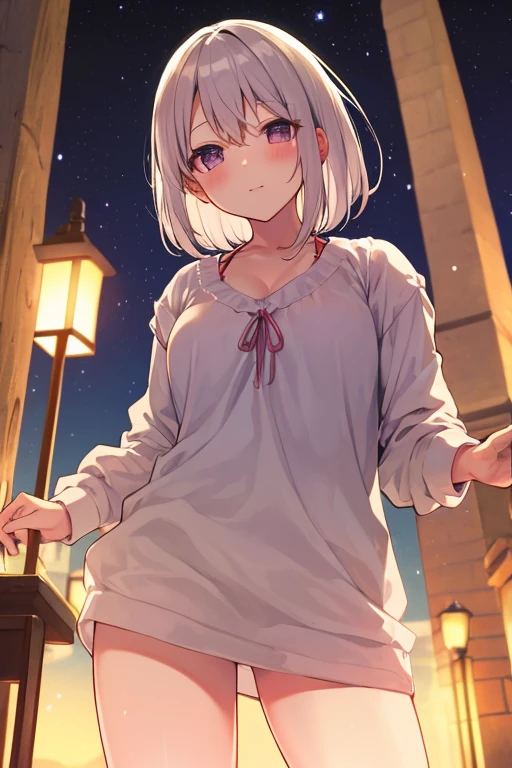 (top-quality、32K image quality、masterpiece、nffsw:1.2)、a cute 、Medium short hair、short braiding、beauitful face、Ultra-detailed details、(Slouched:1.3)、at the sunset、crouching down、(From above:1.3)、(a closeup:1.4)、small curvy loliou can see the chest))、Bust Up Perspective、Loose baggy big shirt、outside of house、the wind、shinny skin、blurry backround