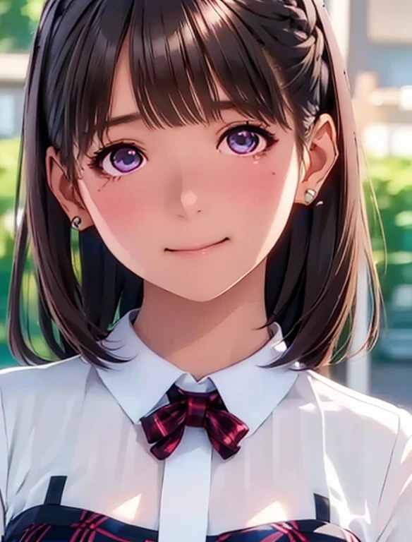 masterpiece, highest quality, One Girl, Thighs, beautiful girl, Flowers, たくさんの小さなflowerびら, flower、Small waist, RAWphotograph,Bright lighting、Face Light, Ultra-realistic, High resolution, photograph, Sharp focus, Highly detailed eyes and face,Symmetrical face, whole body、Large Breasts、Long Hair、チラリと見えるThighs、Emphasized cleavage、Her hair was tied with a big red ribbon.、White high heels、White short sleeve shirt、Brown's Best、Thin belt、White micro mini skirt、Embarrassed、smile、Happy smile、flower束を渡される、blue sky