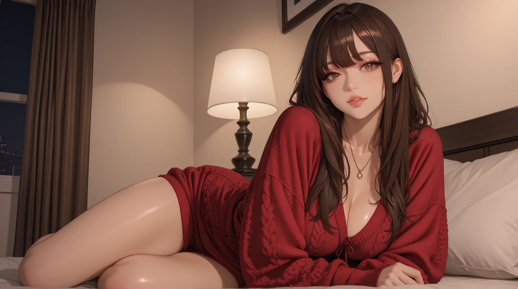 (Raw photography、top-quality)、(realisitic、Photorealsitic:1.3)、masterpiece、extremely delicate and beautiful、A highly detailed、nffsw、Unity、2k wallpaper、astonishing、finely detail、Highly detailed ticker Unity 8k wallpaper、ultra-detailliert、hight resolution、absurderes、1girl in、Soft light、((Brown hair long hair、half ponytail:1.3))、a beautiful detailed girl、Detailed finger、extremely detailed eye and face、beautiful detailed nose、beatiful detailed eyes、long eyeslashes、cute little、25-years old、(full body Esbian:1.3)、(large full breasts、cleavage of the breast)、Lifelike face、Realistic body、Beautiful detailed thighs、(Knitted Dresses:1.3、Clothing with shoulders out)opens legs:1.3、thighs thighs thighs thighs、(up skirt、Black panties、Inter-strands)、Inside the hotel、a bed、(Sideways sitting:1.3)
