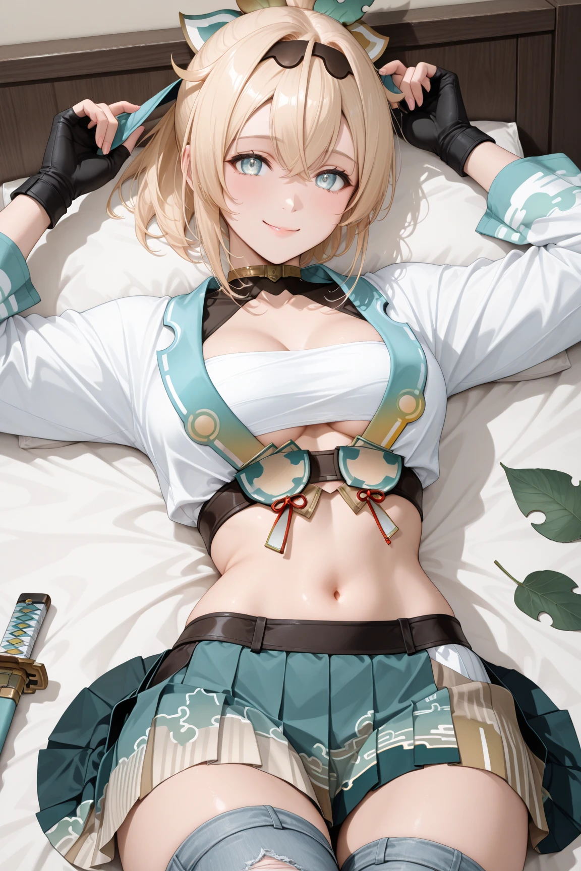 NSFW,Hololive,Kazema Iroha,Blonde,ponytail,hair ornaments,Headband,kimono,Haori,Belly button cover,Black gloves,Pleated skirt,Green skirt,White knee socks,Cleavage,Skirt Lift,Embarrassed,blush,Expectant gaze,Face to the side,Mansion at night,Japanese-style room,Futon,(Perfect hands),(Perfect Anatomy),(masterpiece),(highest quality),Lying on your back,Stretch your arms