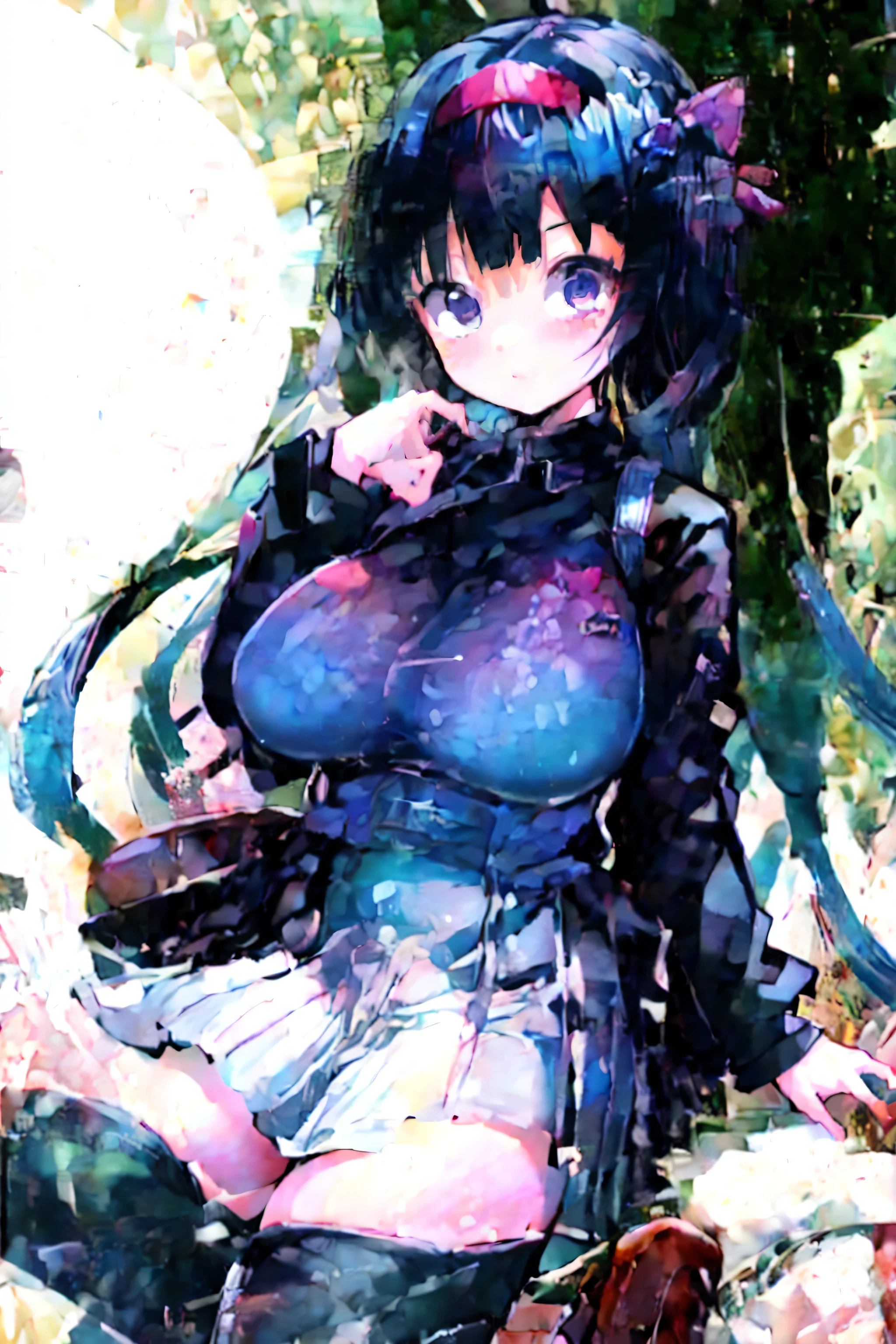 anime style、Story、、beautiful girl、とてもcute天使、pink gothic dress、cute、baby face、smile、long skirt、black long boots、Very cute headband、techno gothic、sexy、big breasts、