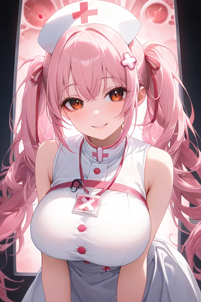 1 girl, pink long bun hair, heart shaped eyes, ♡, big breasts, nurse clothes, {girl with pink long bun hair named Nami}, (Pink eye color), {downtown}, (smile), bright background , mole under eye, heart shaped choker, (masterpiece, highest quality), very detailed, highest quality, official art, beautiful and aesthetic: 1.2), (1 girl), very detailed, (geometry art: 1.3), colorful, most detailed ?d1 girl, pink long bun hair, Eye of the symbol, +__+, big breasts, gothic costume, {A girl with long pink bun hair named Nami}, (Pink eye color), {downtown}, (smile), bright background, (garden,beautiful flower々),mole under eye, heart shaped choker, (masterpiece, highest quality), official art, beautiful and aesthetic: 1.2), (1 girl), very detailed, (geometry art: 1.3), colorful