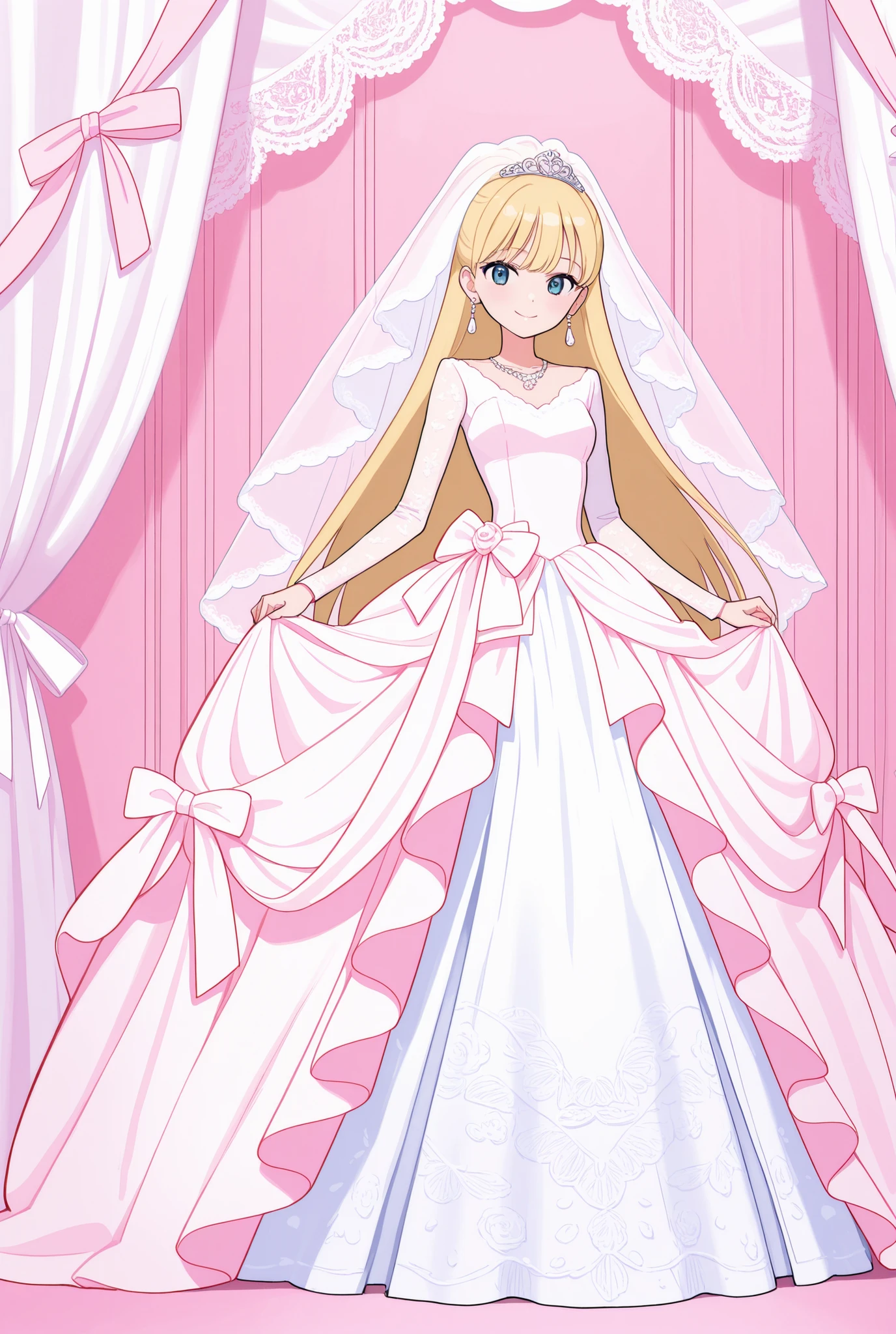a girl, skinny, blonde hair, long hair, straight hair, princess line  wedding dress, long sleeves, long train, very long bridal veil, earrings, necklace, pastel colors, full body shot, flushed, smile, pink room, many white lace curtains, ribbon decoration room, huge ribbon,  
