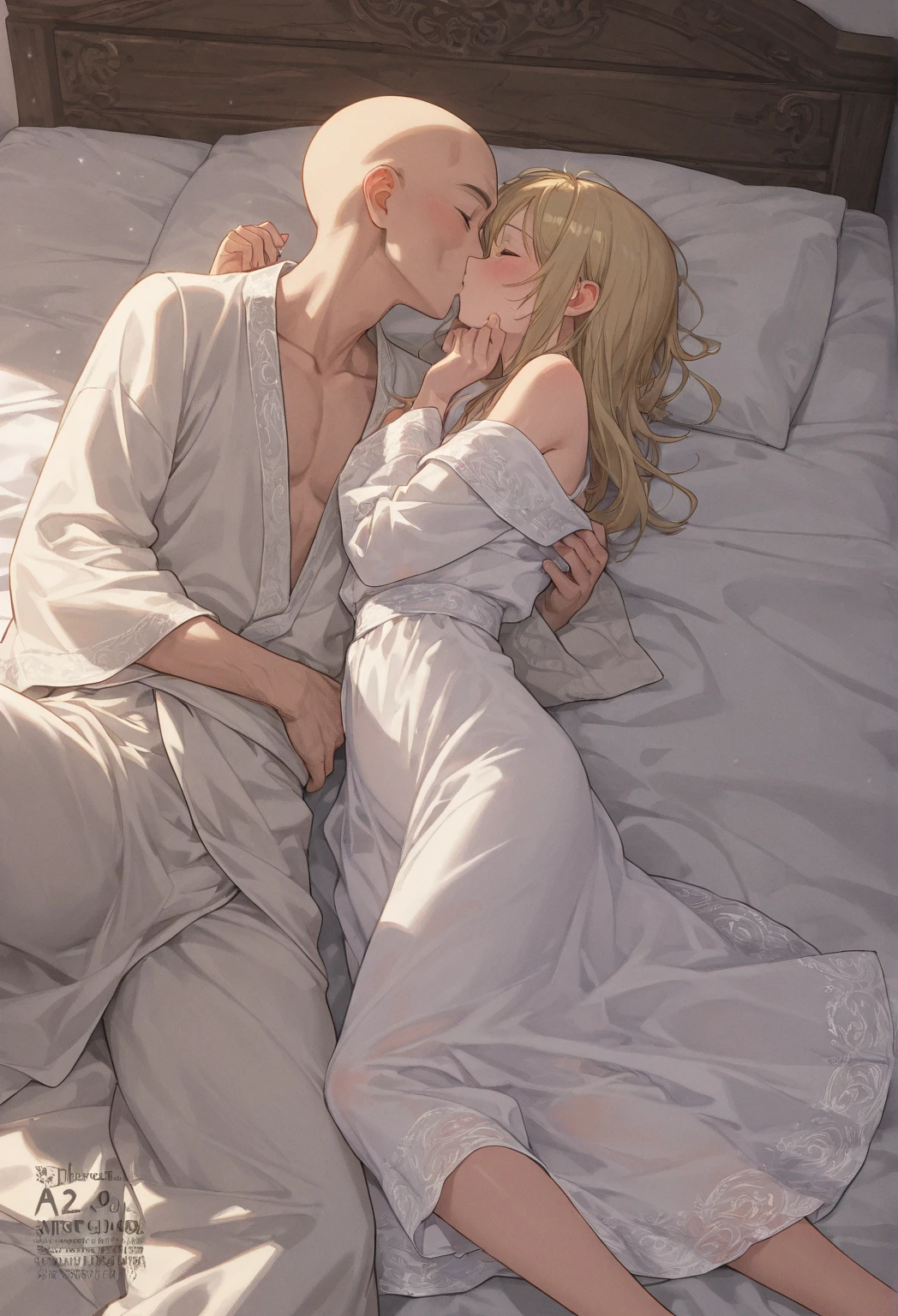 Male Penis Fully Visible Sex Bed Legs Spread Blonde Antique White Lace Nightdress Transparent Material Ruffled Headdress White Ribbon Around the Neck Short Hair Male Anal Fuck Kissing BL Buttocks Nipples Male Genitals NOVagina, full of semen, climax, physical difference, sweaty