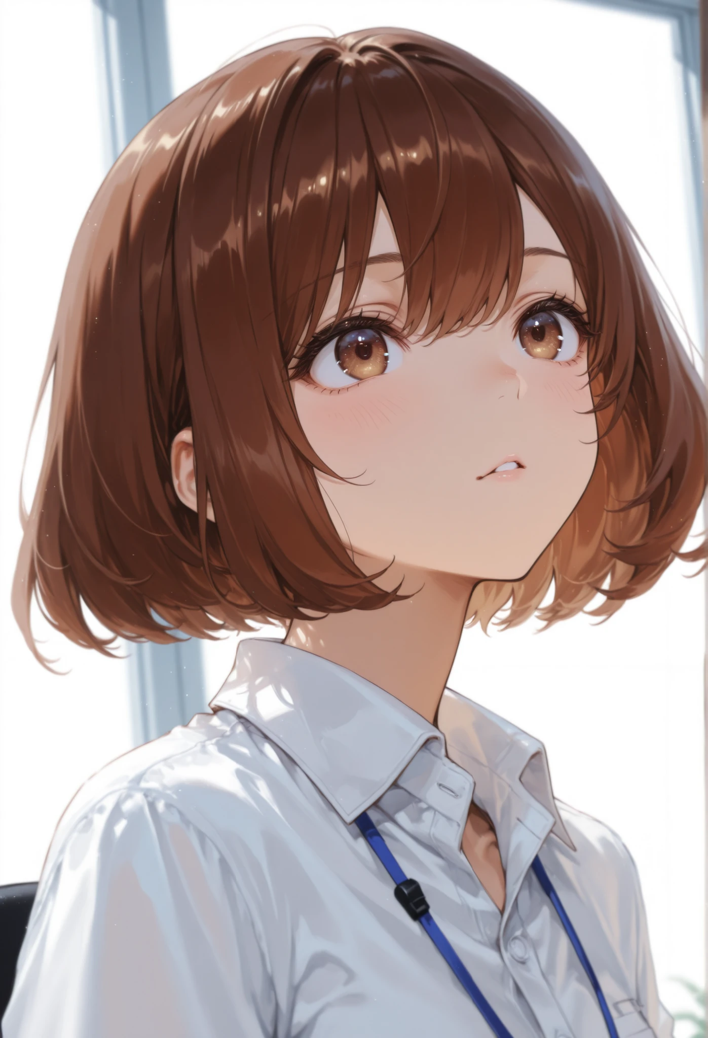brown medium short hair、、white collared shirt、Mahogany brown、、angle from below、office、、upward gaze