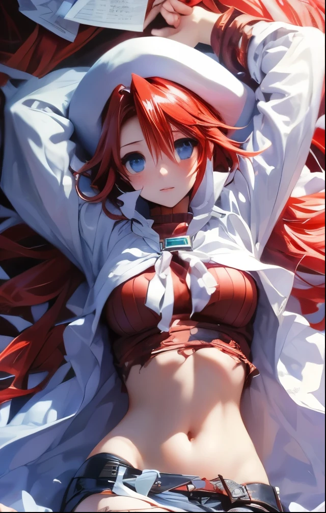 (((SFW、Highest quality、 first class masterpiece 、normal body 、32k、detailed face、super precise、normal hand、5 fingers、Highest)))、Atti(summon night)、Aty(summon night)、Beautiful Girl、Red-silver hair、 flowing hair 、beautiful breasts、slender、 slim、 can be used、A tattered red tight suit full of ripped holes、torn clothes、 Navel Exposure 、chest exposed、Muscle Exposure、super miniskirt、white beret、Blushing Embarrassingly、Pushed down、 with hands above head 、I can't move、by Night Toy、Kiss