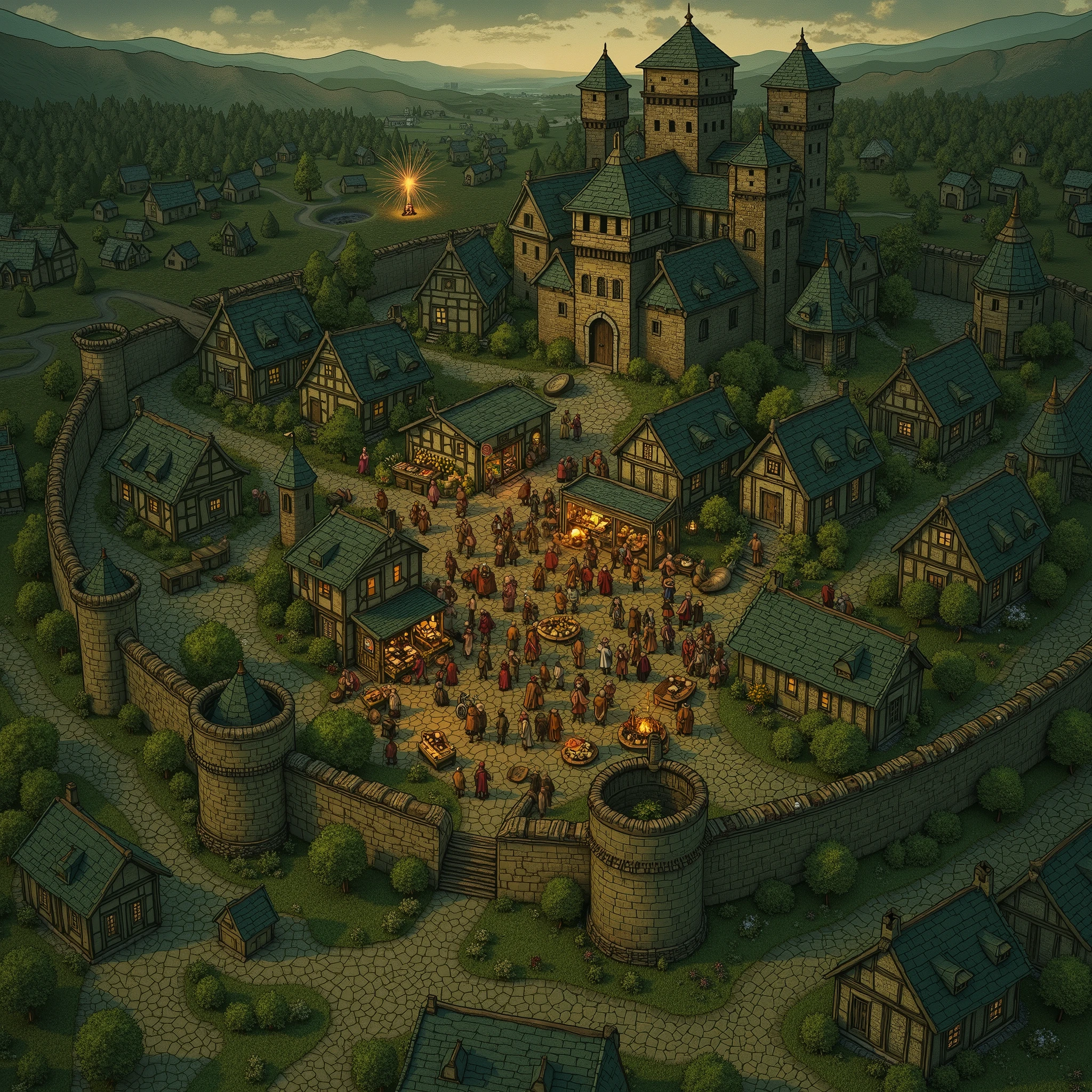 Medieval village scene captured from a high vantage point, showcasing a bustling, lively market within fortified stone walls. The central focus is a magnificent castle with towering turrets surrounded by quaint houses, all with earthy stone walls and blue-grey roofs. Villagers, dressed in earth-toned cloaks and garments, gather around various stalls, adding a sense of communal activity and vibrancy. An explosion of fireworks in the background hints at a festive occasion. The landscape extends beyond the village with lush green trees and rolling hills under a soft, warm twilight. The overall atmosphere is one of historical charm and storybook nostalgia, enhanced by the intricate details and harmonious color coordination.