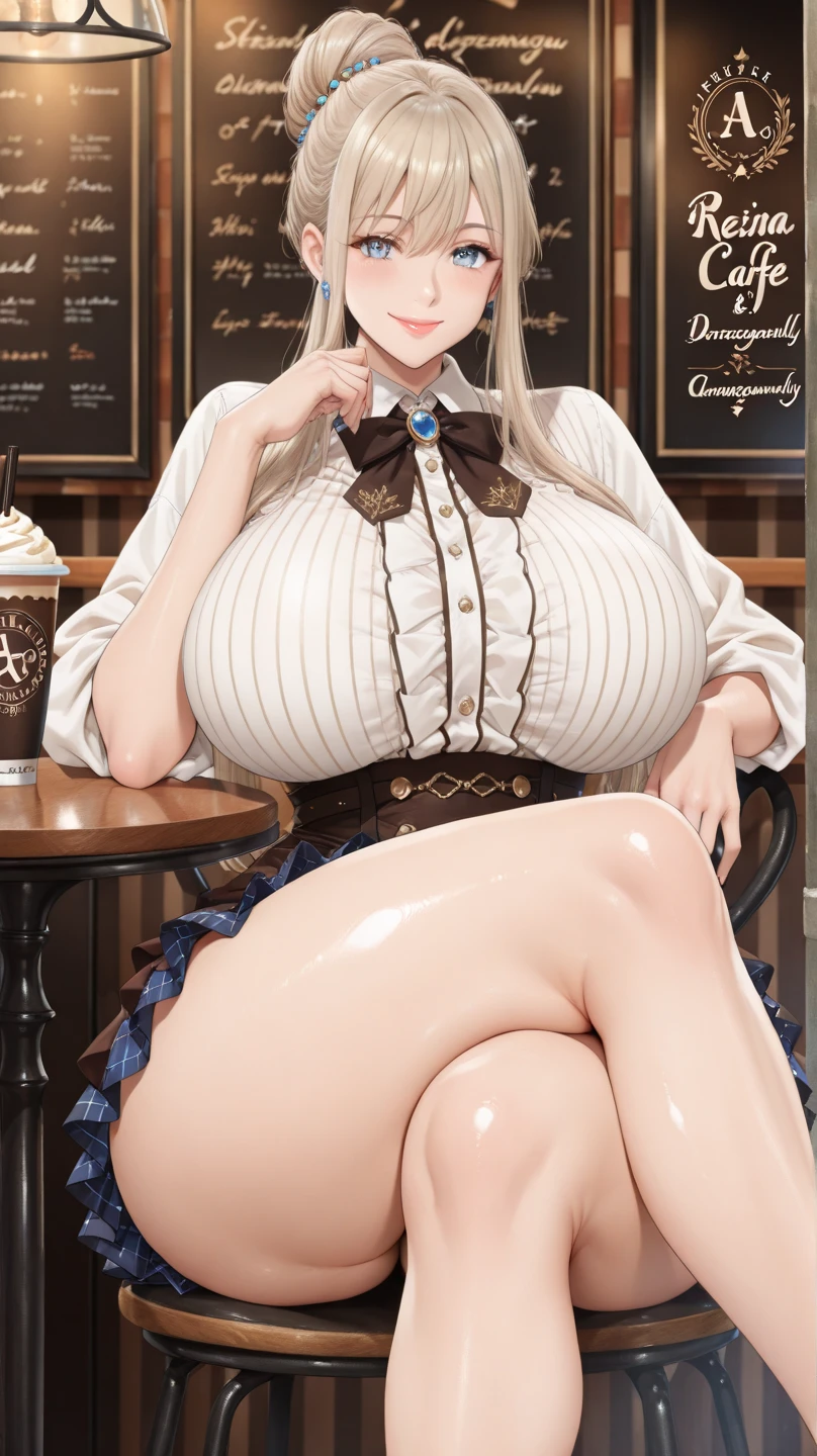 Very large O cup breasts、Shapely breasts 、 Show off your breasts、Silky shiny skin、sexy, Very beautiful lovely face、Cute Face、 Gorgeous silky blonde hair、pale blue eyes、 Bangs swaying in front of the face、A beautiful and cute 20-year-old woman、 Big and ample breasts、 she spreads her legs wide and flaunts、Showing very large breasts、 Plump、Super glamorous、Are fat、Bigfoot、Big body、 Chubby、Beautiful thighs、Low - Angle、Scene looking up from below、 Chubby weighs 120kg、 Fat guy、cute、smile、Very glamorous、Fishnet tights、Nordic women、nude、Beautiful clear white skin、ponytail、Lake Yamanaka、Lakeside Cafe、Mount Fuji is visible、blue sky、Maid clothes、Naked Apron
