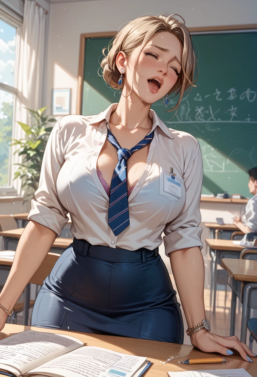 (young brunette teacher in front of board), (bright red long sleeve wool shirt) , black mini skirt, black glasses, (((huge boobs))), math equations on board, (writing on chalkboard) , ((hair tied into bun)) , serious face, slightly upset, cute nose, cute face, high quality, UHD, Masterpiece, panties