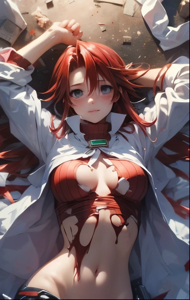 (((SFW、Highest quality、 first class masterpiece 、normal body 、32k、detailed face、super precise、normal hand、5 fingers、Highest)))、Atti(summon night)、Aty(summon night)、Beautiful Girl、Red-silver hair、disheveled hair、beautiful breasts、slender、 slim、 can be used、Tattered Red Tight Suit Full of Holes、torn clothes、 Navel Exposure 、chest exposed、Muscle Exposure、super miniskirt、Blushing Embarrassingly、Pushed down、 with hands above head 、I can't move、by Night Toy