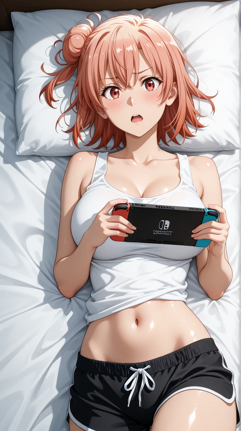 masterpiece, best quality, absurdres, highres, newest, 1girl, solo, <lora:pyra-xb-richy-v1_ixl:1>prrnd, red eyes, red hair, short hair, tiara, earrings, large breasts, parted lips, indoors, sitting, crossed legs, nintendo switch, playing games, handheld game console, t-shirt, dolphin shorts,