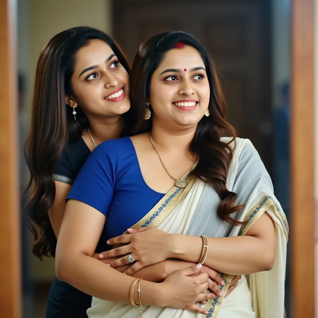 A 25 year old beautiful South Indian plus sized blue colour glittered skirt and blue colour chiffon blouse wearing teacher and her friend kissing a 68 year old man in bed room,