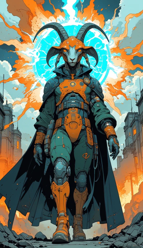 (Front view, Colored sketch, Cool colors, Ultra-detailed), Some drawings of a hero who is a goat with green and orange uniform and black overcoat, Serious in the middle of the explosion, near mystical portal of fluorescent blue energy, Anatomically correct, Intricate details, Depth of field