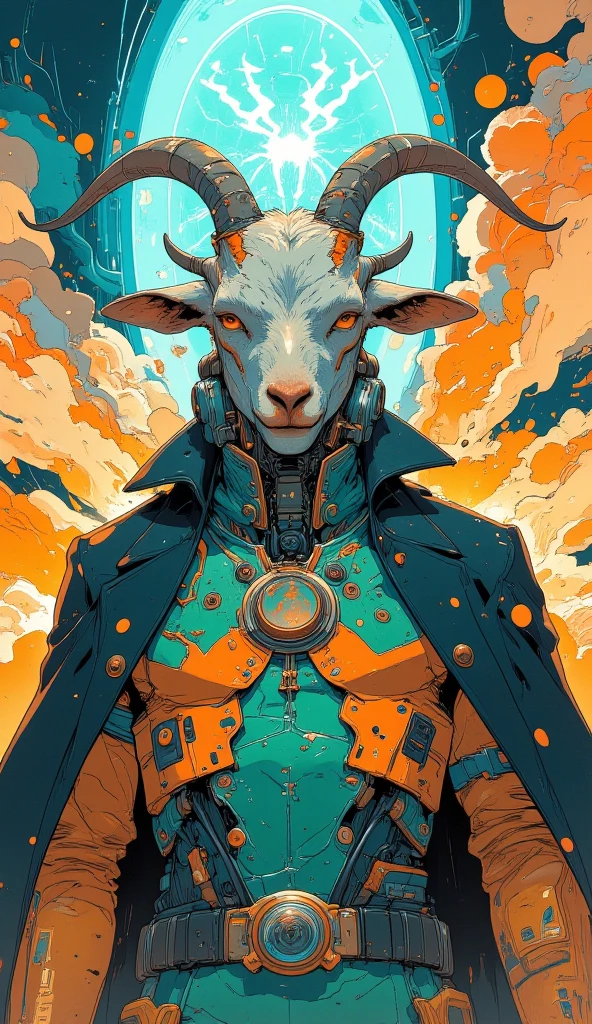(Front view, Colored sketch, Cool colors, Ultra-detailed), Some drawings of a hero who is a goat with green and orange uniform and black overcoat, Serious in the middle of the explosion, near mystical portal of fluorescent blue energy, Anatomically correct, Intricate details, Depth of field