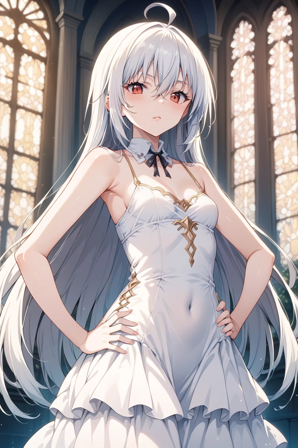 masterpiece, best quality BREAK solo, arms behind back, 1girl, ultra-detailed, illustration, indoors, smile, cowboy shot, white choker, white leotard, white pantyhose, white wrist cuffs, low twin braids, lemalinlapin, fake animal ears, sleeveless, clothing cutout, rabbit ears, <lora:Le Malin:1>
