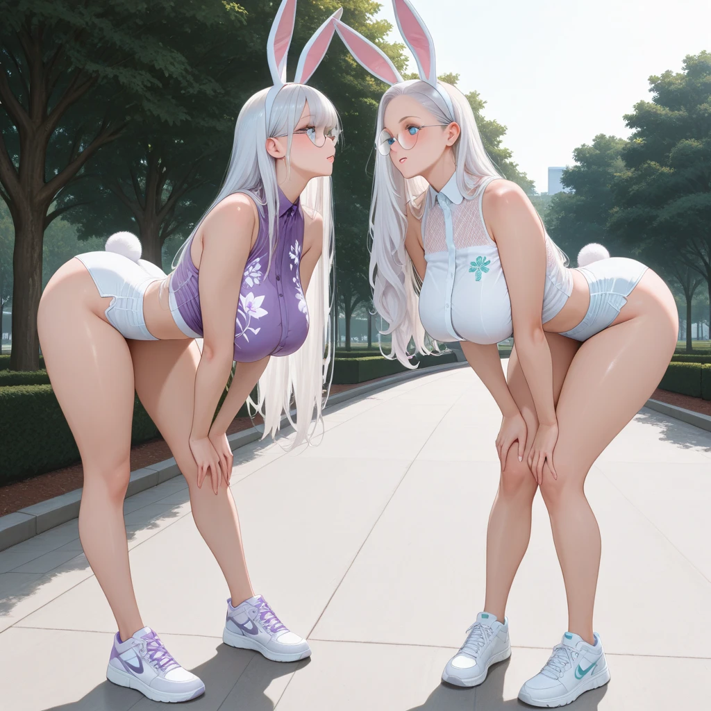 1girls, Playboy bunny, 独奏, bunnies, oren, al fresco, Neon Sign, looks at the viewer, ;o, blanc \(nikke\), mature female, (), shiny, plump, squatting down,Legs forked, black heels