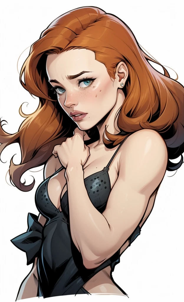 Thin woman, age 25, 4K (High definition), thoughtful, seducing gaze, eyes browns, wearing a red dress with a boat neck (with golden buttons) and short sleeves, arms positioned at the side of the body, Caucasian skin, shoulder-length red hair, upper body slightly leaning forward (hands resting on a table), full of curves with freckles on her chest and neck, round breasts. High-quality Marvel style, white background.