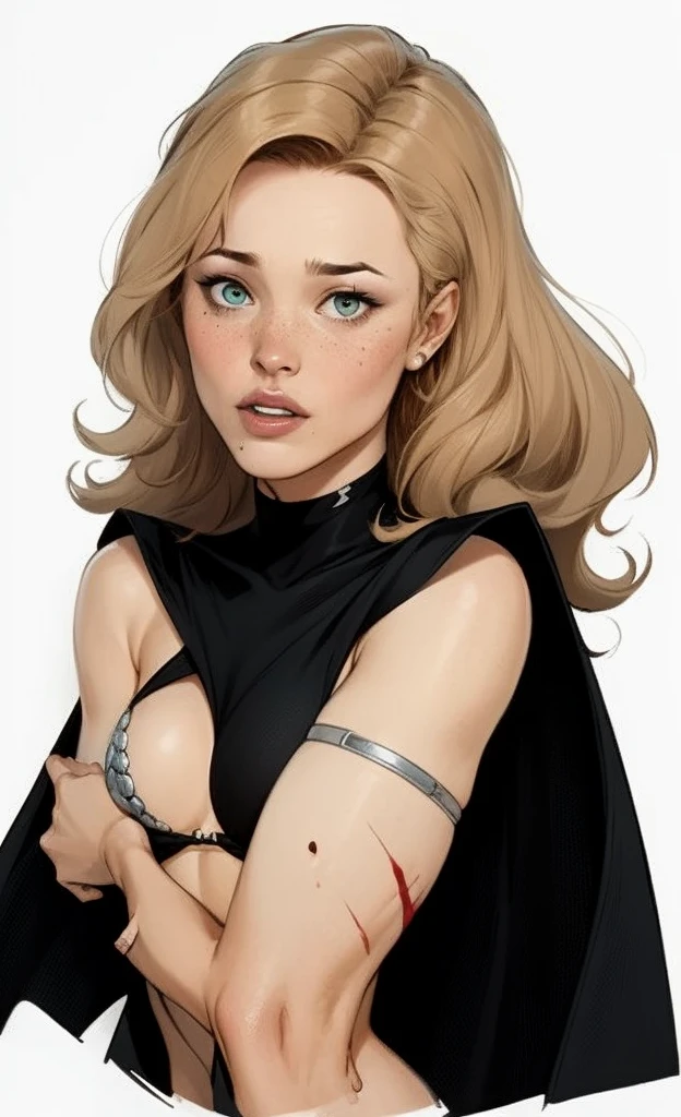 Character style illustration style Completely bare breasts showing a little fear Breast size Cartoon name: Isabella Cruz white background medium breasts freckled face Jennifer Connelly actress strong contours Physical description - long straight hair, tingidos de um marrom vibrante que contrasta com sua pele clara. - You reflect a mix of curiosity and determination. - Ela tem uma estatura alta, with a slender and agile figure, evidenciando sua agilidade e destreza. -fundo colorido Design de personagens de retrato, beautiful digital illustration, retrato de alta qualidade, Arte em quadrinhos, Corpo inteiro sensualizando ou pelada. folha de retorno. return sheet clothes of the day hellish day expression of hate and blood on the face
