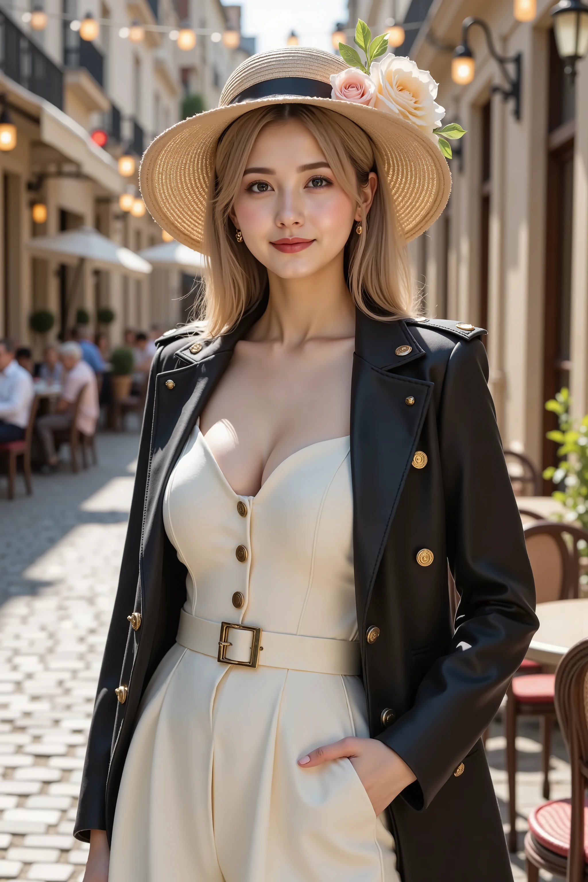 Chains,耳Nipple Ring,choker necklace,Forehead,middle parted hairstyle,femele,Train station,Steam trains,a beauty girl,Long light blonde hair,green pupills,Business suit,white business suit,in suit,White color blouse,Superskirt,wind coat,Cowboy hat,Flower arrangement on a hat,The streets of London,Black leather shoes,tiese,wind coat,ssmile,(huge tit),(cleavage)