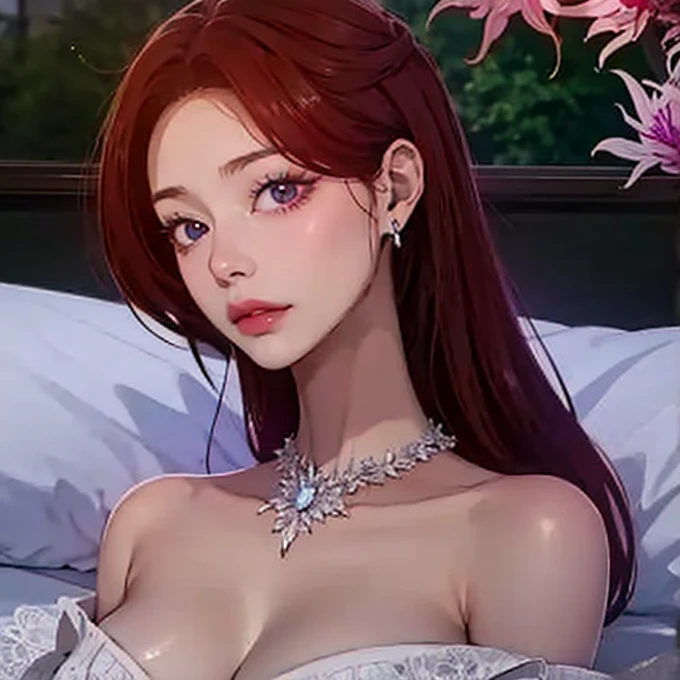 3D, big-breasted beauty lying on bed, cheeks flushed and sensitive, eyes confused, exposed cleavage, slim hands, upper body white transparent skirt, skin white, pink background, can love to see pendant, cleavage