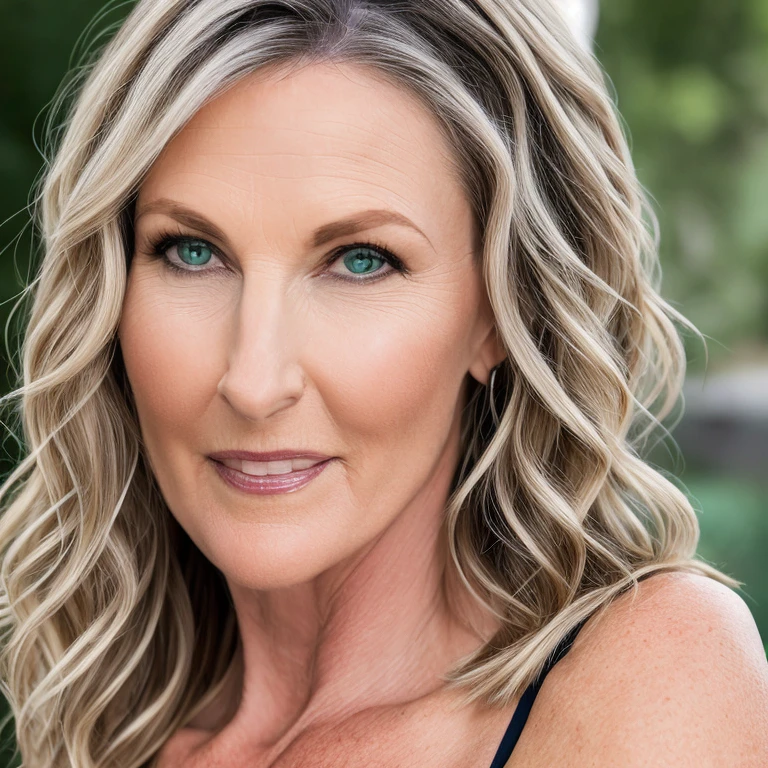 realistic, half body headshot photo of a middle aged woman, long hair, breasts, looking at viewer, blonde hair, dress, cleavage, bare shoulders, brown eyes, medium breasts, upper body, black dress, lips, nose