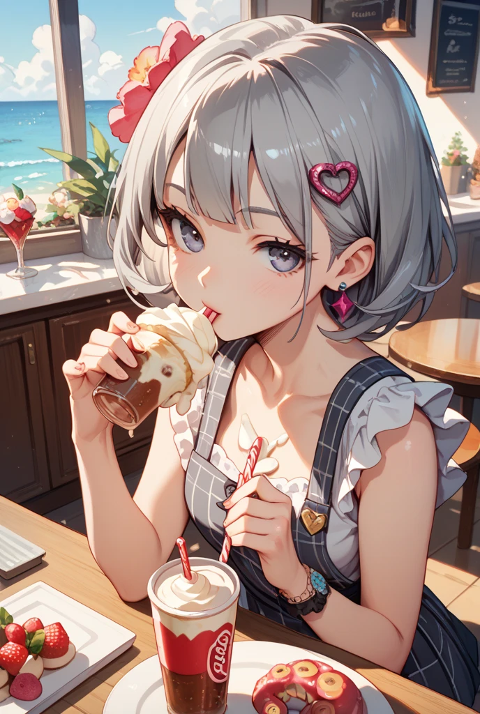 Create a realistic image of a young woman with short, light gray hair. She is shirtless, and has massive boobs. The woman is holding a tray with colorful drinks, including a glass of milkshake with a straw and a cup of ice cream with a spoon. The expression on her face is one of surprise or fright, as if she is about to trip. The pose is dynamic, showing movement, with one of the legs slightly raised and the body leaning forward. The background should be simple, focusing on the character and the details mentioned.
