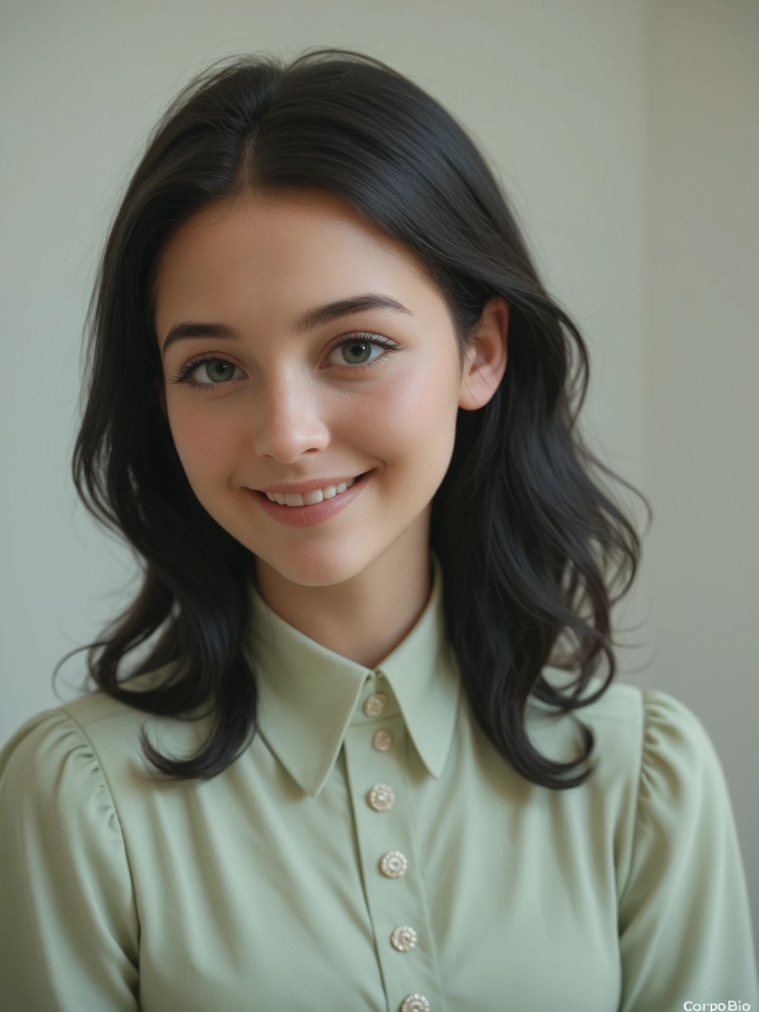 portrait <lora:sd15_OliviaChristie_v1:.9> OliviaChristie, focus on smiling face, wearing a pant suit , her light olive color hair is styled as curly bun,