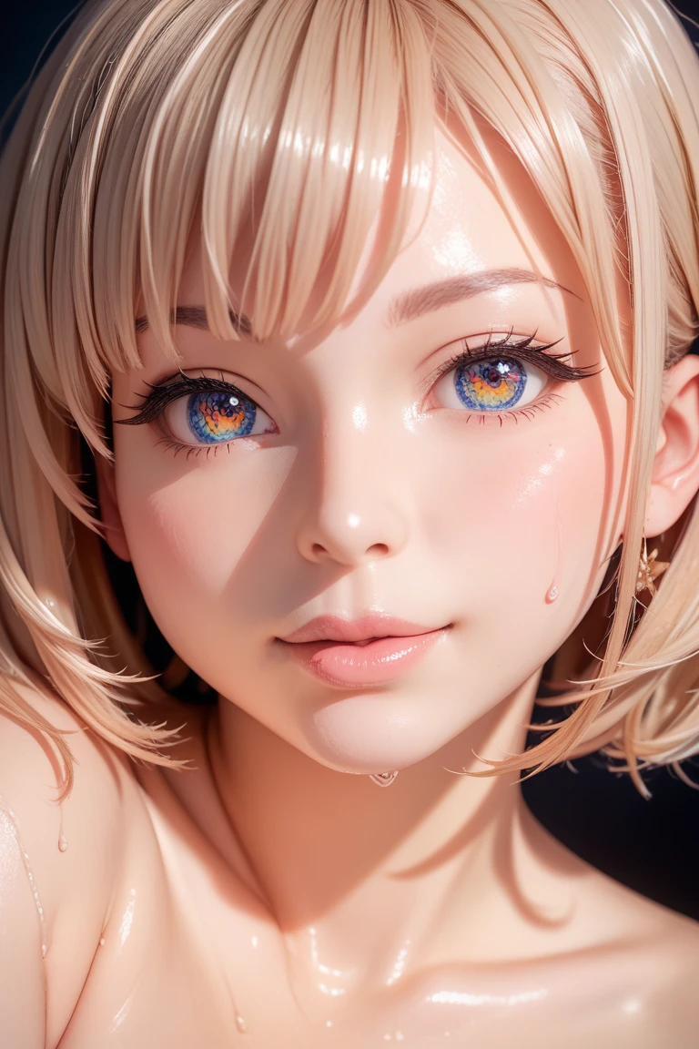 Realistic, Hyper Detail, Girls Only, one side short layered bob, Dynamic Lighting, ((Bold imaginative pose)), (Glossy skin: 1.5), Masterpiece, Top Quality, Absurdity, Watching Viewer, ((Blonde:0,7) and (light purple inner color:0.3) Hair), deep Purple Clear Eyes,((Beautiful, detailed eyes, jewel-like eyes, sparkling eyes:1.3)), Slender, High Resolution, Sharp Focus, Depth of Field, Detail Eyes, Sharp Eyes, (Realistic Eyes)), outdoors, sunrise sky,Open-air bath of a long-established hot spring inn,(bath towel wearing): 1.3),((Secret hot spring in the forest))