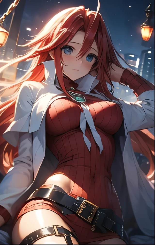 (((SFW、Highest quality、 first class masterpiece 、normal body 、32k、detailed face、super precise、normal hand、5 fingers、Highest)))、Atti(summon night)、Aty(summon night)、Beautiful Girl、Red-silver hair、disheveled hair、beautiful breasts、slender、 slim、 can be used、A tattered red tight suit full of ripped holes、torn clothes、 Navel Exposure 、chest exposed、Muscle Exposure、super miniskirt、Blushing Embarrassingly、Pushed down、 with hands above head 、Chain Bondage、I can't move、by Night Toy、ChainBondage、Shy open leg chain restraint