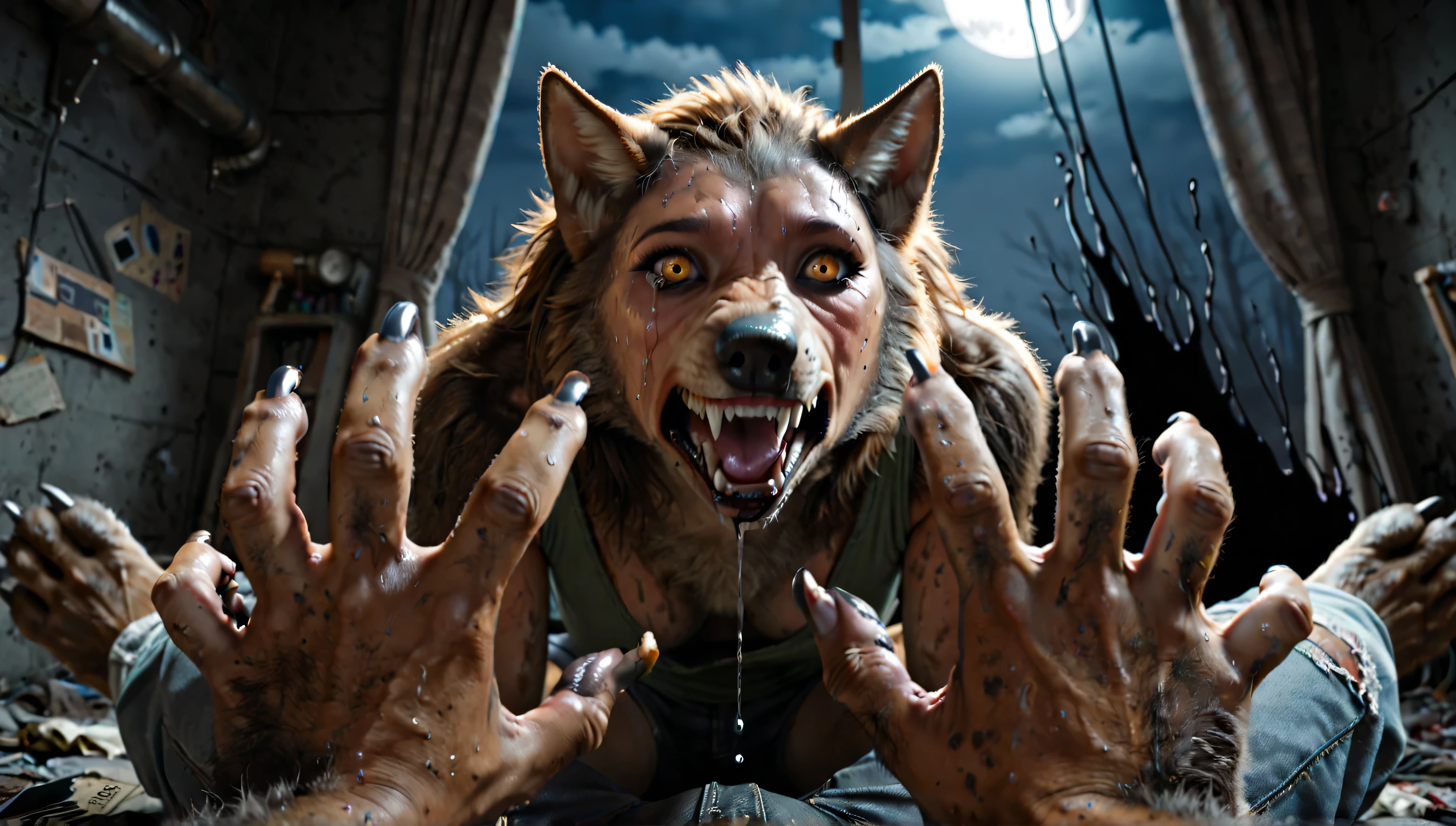 Pov:1.3, sitting, view from view perspective, t view, 1person, female, Werewolf transformation, morfing, [werewolf: human:0.7], [arms: paws:0.7], [red human skin: fur: 0.5], [human face: snout:0.5], wolf nose, detailed fur, gradual fur, Skin, spread, shaking:1.1, crying, sweating, drooling:1.2, in pain:0.8, scared:0.8, shaking, confused:0.8, torn clothes:1.1, thick fingers through, torn socks, deep night, ((darkness, dramatic moonlight, night)), abandoned jail, scraps around, clothes scraps,((Ultra-detailed, Realistic, Photorealistic, photo-realistic:1.37), 4k, 8k, RAW, HDR, UHD, Canon EOS P3, Canon EOS R3, 85mm f/1.4, 15mm, 35mm, 80mm, f2.8, high resolution, hd, full colour, 4k, high definition, sharp focus, smooth, Professional, cinematic, extreme detail, (high detail:1.4) description, masterpiece, deep shades, best quality,))