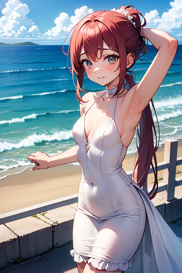 ((masterpiece、4k、8k、highest quality、perfect fingers:1.perfect anatomy:1.3、blur the background))、cute petit girl、((devilish leotard、8-year-old、Red hair、succubus、Slender beautiful girl、straight long hair))、(beautiful big slanted eyes)、open mouth smile、full body display、knee high socks、blue sky、white sand beach、outdoor stage、