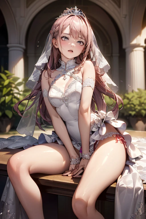masterpiece, best quality, highly detailed, high resolution, expensive resolution, high resolution, 4K, 8k, Unity 8k wallpaper, highly detailed CG, masterpiece, 2D, 3D, beautiful details, depth, fine texture, best quality: 1.3, perfect focus, crisp skin, him, very cute anime girl, bikini, wedding veil with hibiscus decoration, full body big breasts, pink medium long hair in expensive clothes, mole under eye, looking at the viewer, expensive, blush, mole, open lips, heart, pink eyes, choker