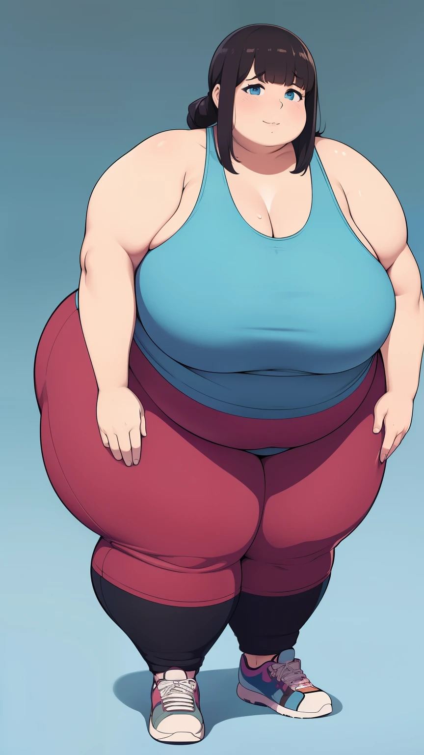 hiraguchip5, short hair, black hair, sports bra, yoga pants, midriff, cleavage, fat, chubby, obese, Shibuya, full body shot, gigantic arms and legs